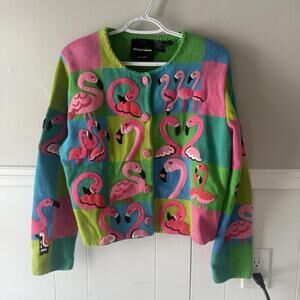 VTG Michael Simon Flamingo Patchwork Cardigan Sweater Pink Green Y2K 90s Sz M